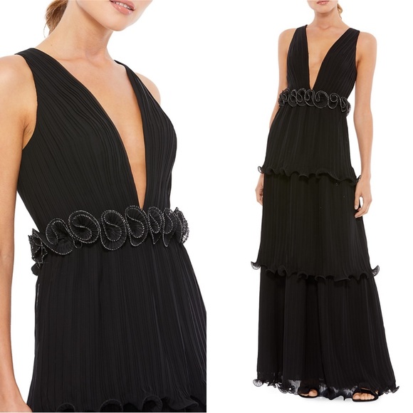 Mac Duggal Dresses & Skirts - NWT IEENA for MAC DUGGAL Black Pleated Rosette Floral Ruffle Tiered Gown Size 0